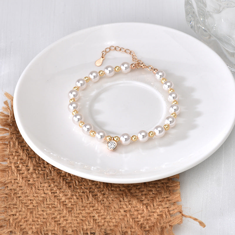 Sparkling S925 Sterling Silver Moissanite & Pearl Bracelet for Women, Classic Elegant Fashion Temperament Jewelry, Timeless Versatile Design for Daily Wear & Gifting