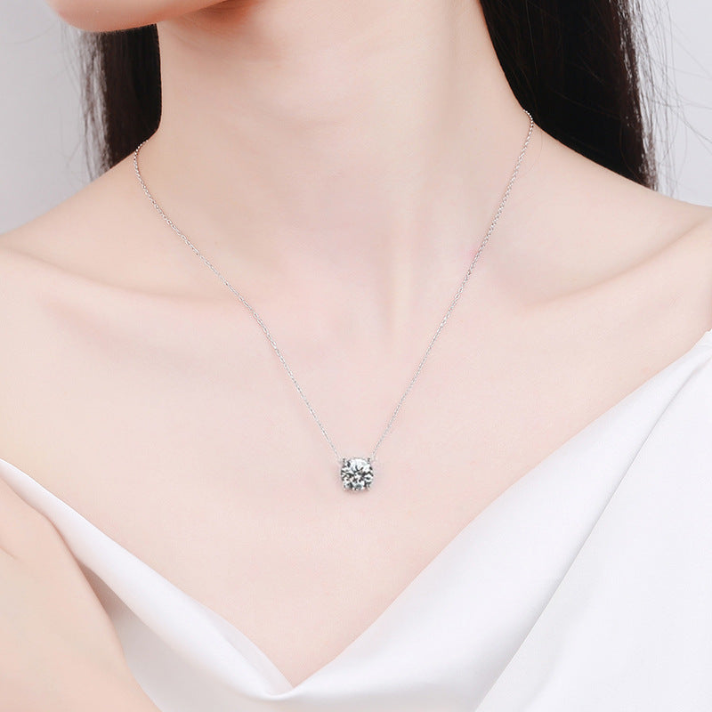 S925 Sterling Silver Moissanite Necklace for Women, Simple Light Luxury Classic Four-Claw Pendant, Elegant Clavicle Chain Fine Jewelry