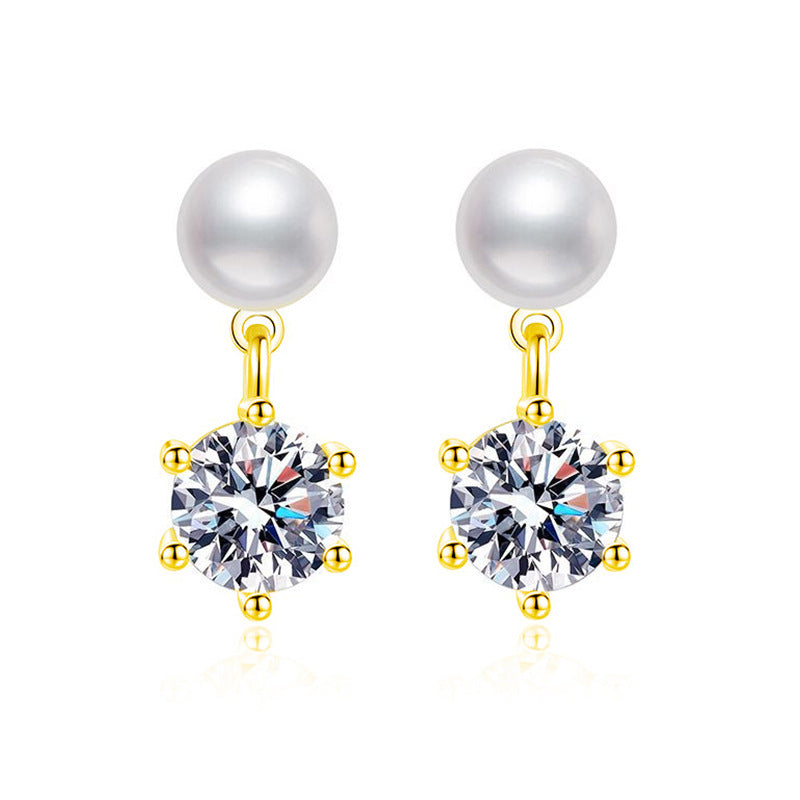 Classic Six-Claw Moissanite & Freshwater Pearl Stud Earrings for Women, S925 Sterling Silver, Timeless Elegant Luxury Jewelry, Perfect for Daily Wear & Gift Giving