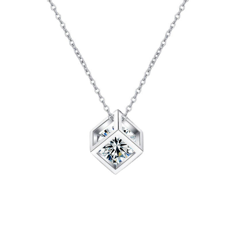 S925 Sterling Silver Moissanite Cube Necklace for Women, Square Pendant Elegant Clavicle Chain, Minimalist Luxury Fine Jewelry for Daily Wear