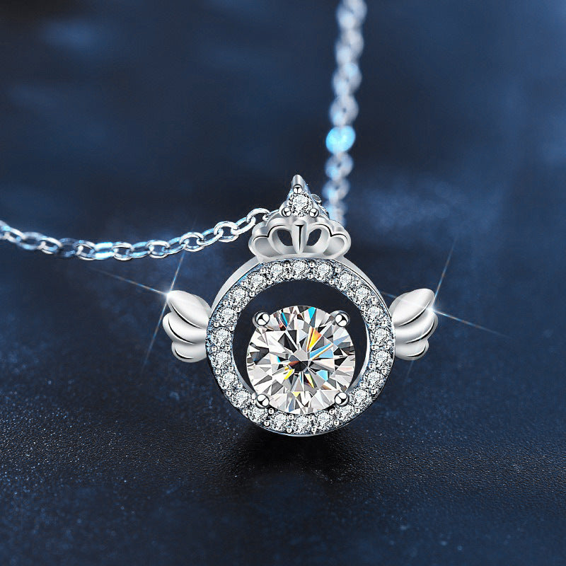 925 Sterling Silver Original Angel Wings Moissanite Necklace for Women, Light Luxury Platinum-Plated Clavicle Chain, Crown Pendant Fine Jewelry