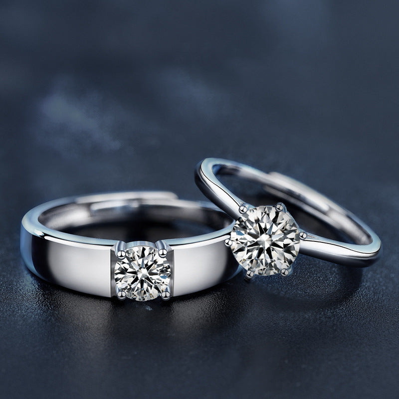 925 Sterling Silver Six-Claw Moissanite Couple Rings for Him and Her, Adjustable Open Band Design, Tarnish-Resistant, Luxury High-End Matching Promise Rings for Couples