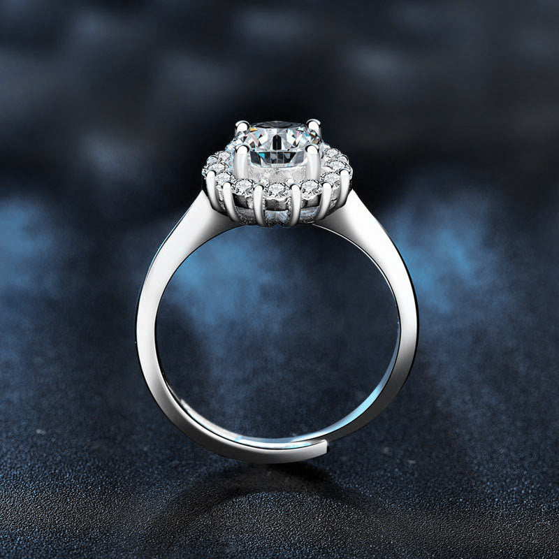 925 Sterling Silver Sunflower Ring for Women, Fashion Four-Prong Open Design, Brilliant Moissanite Simulated Diamond Ring, Elegant Adjustable Statement Jewelry