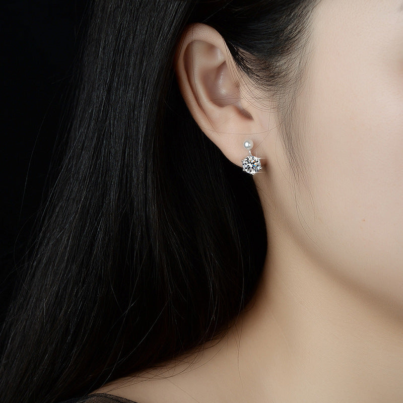 Classic Six-Claw Moissanite & Freshwater Pearl Stud Earrings for Women, S925 Sterling Silver, Timeless Elegant Luxury Jewelry, Perfect for Daily Wear & Gift Giving