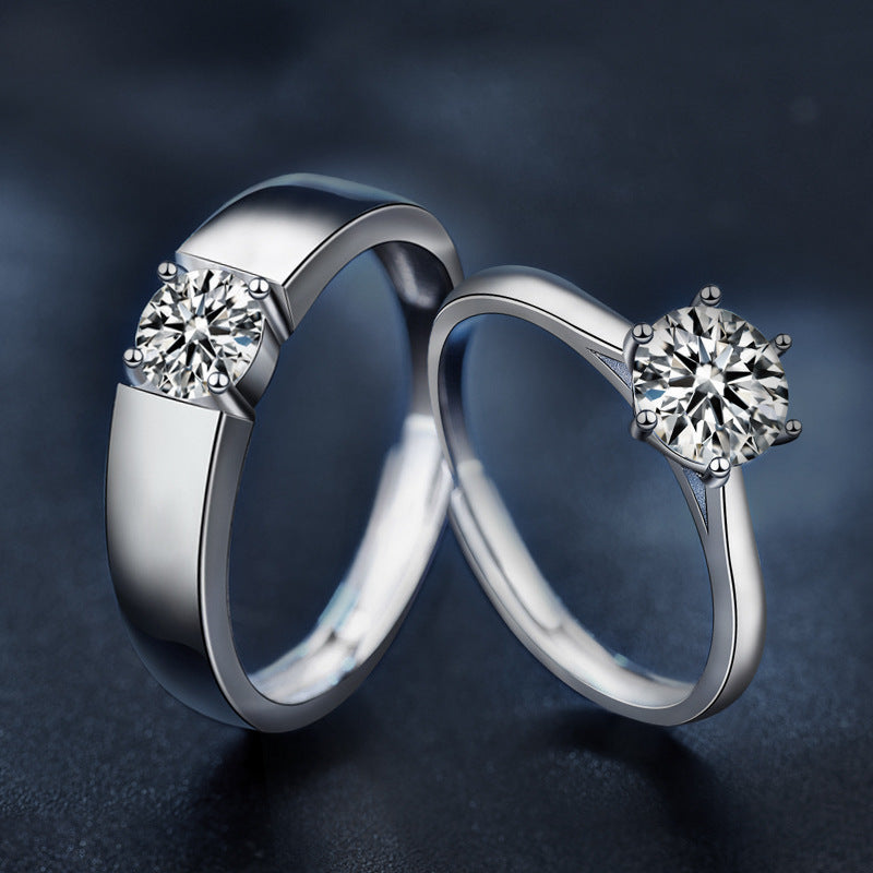 925 Sterling Silver Six-Claw Moissanite Couple Rings for Him and Her, Adjustable Open Band Design, Tarnish-Resistant, Luxury High-End Matching Promise Rings for Couples