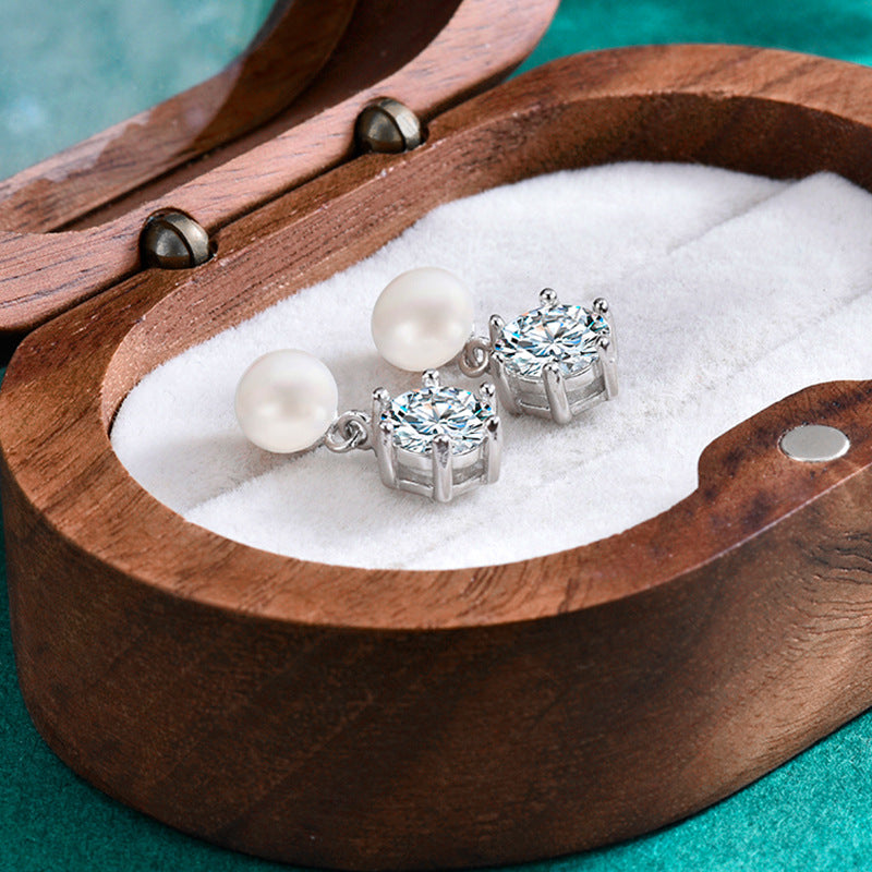 Classic Six-Claw Moissanite & Freshwater Pearl Stud Earrings for Women, S925 Sterling Silver, Timeless Elegant Luxury Jewelry, Perfect for Daily Wear & Gift Giving