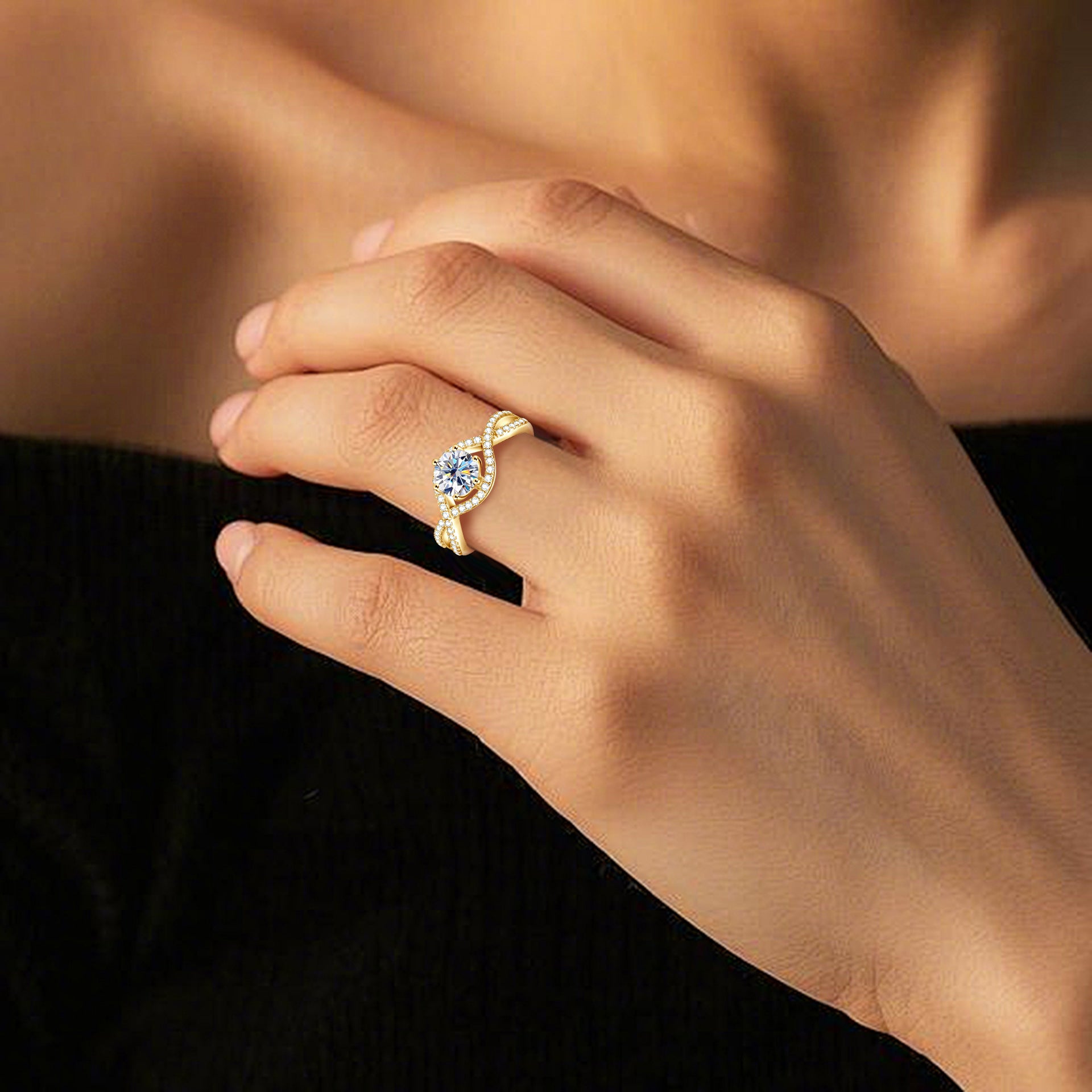 Classic Six-Prong Twisted Arm Moissanite Wedding Ring, Full 925 Sterling Silver Plated 18K Gold, Niche Light Luxury Design, Elegant Engagement Band for Women
