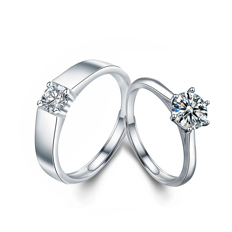 925 Sterling Silver Six-Claw Moissanite Couple Rings for Him and Her, Adjustable Open Band Design, Tarnish-Resistant, Luxury High-End Matching Promise Rings for Couples