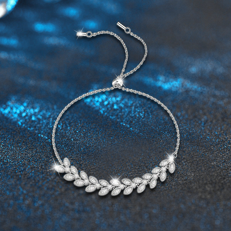 925 Sterling Silver Wheat Ear Bracelet with Sparkling Moissanite, High-End Light Luxury Design, Adjustable Elegant Jewelry for Women, Perfect for Daily Wear and Gifting