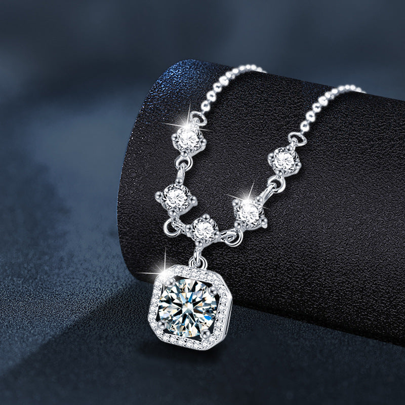925 Sterling Silver Moissanite Fringed Necklace for Women, Niche High-End Square Pendant Elegant Clavicle Chain Fine Jewelry