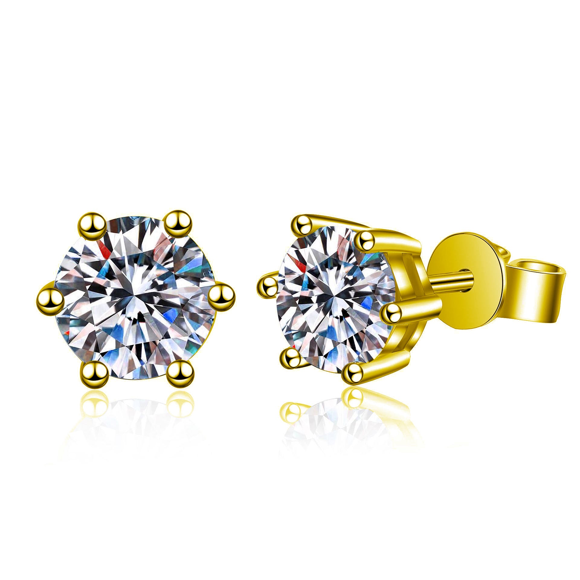 Classic Six-Claw Moissanite Stud Earrings for Women, 925 Sterling Silver with Gold Plating, Timeless Fashion & Elegant Temperament Luxury Jewelry for Daily Wear & Gifting