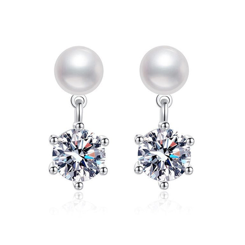 Classic Six-Claw Moissanite & Freshwater Pearl Stud Earrings for Women, S925 Sterling Silver, Timeless Elegant Luxury Jewelry, Perfect for Daily Wear & Gift Giving