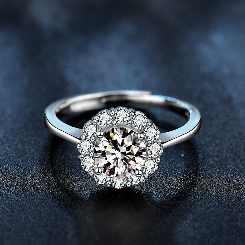 925 Sterling Silver Sunflower Ring for Women, Fashion Four-Prong Open Design, Brilliant Moissanite Simulated Diamond Ring, Elegant Adjustable Statement Jewelry