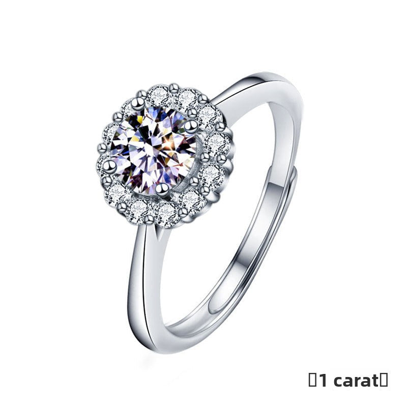 925 Sterling Silver Sunflower Ring for Women, Fashion Four-Prong Open Design, Brilliant Moissanite Simulated Diamond Ring, Elegant Adjustable Statement Jewelry