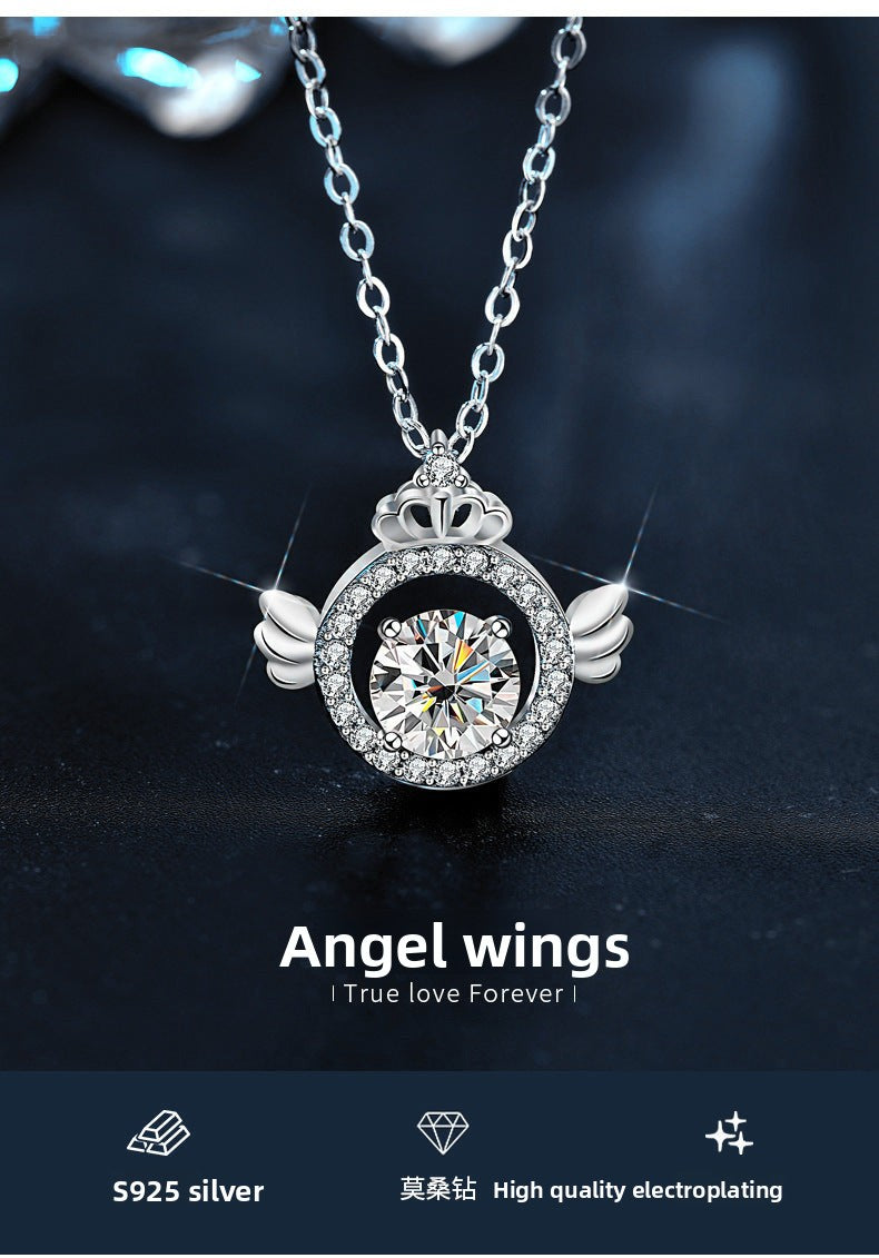 925 Sterling Silver Original Angel Wings Moissanite Necklace for Women, Light Luxury Platinum-Plated Clavicle Chain, Crown Pendant Fine Jewelry