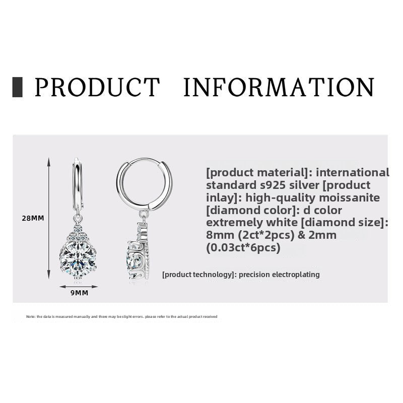 2 Carat Moissanite Crown Earrings for Women, 925 Sterling Silver Luxury Light Luxury Design, Elegant High-End Sparkling Jewelry for Daily & Party Wear