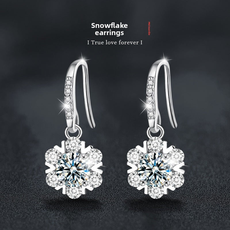 925 Sterling Silver Moissanite Snowflake Earrings for Women, Korean Style New High-End Elegant Fine Jewelry
