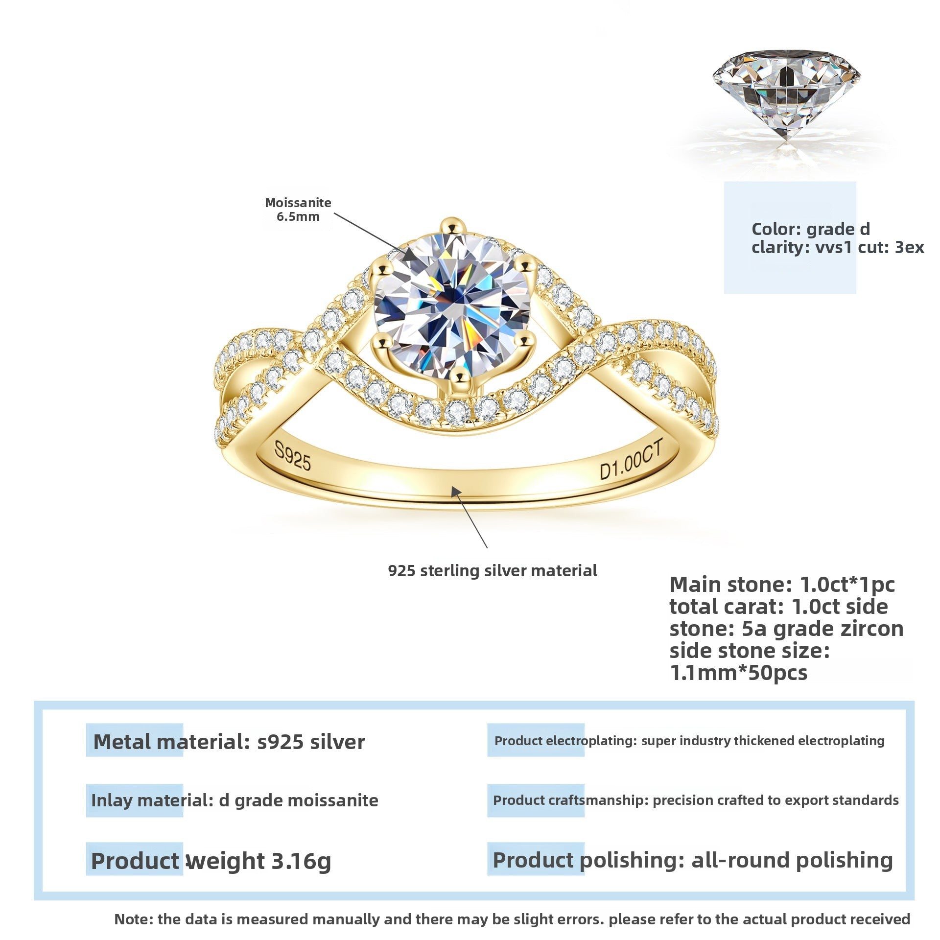 Classic Six-Prong Twisted Arm Moissanite Wedding Ring, Full 925 Sterling Silver Plated 18K Gold, Niche Light Luxury Design, Elegant Engagement Band for Women