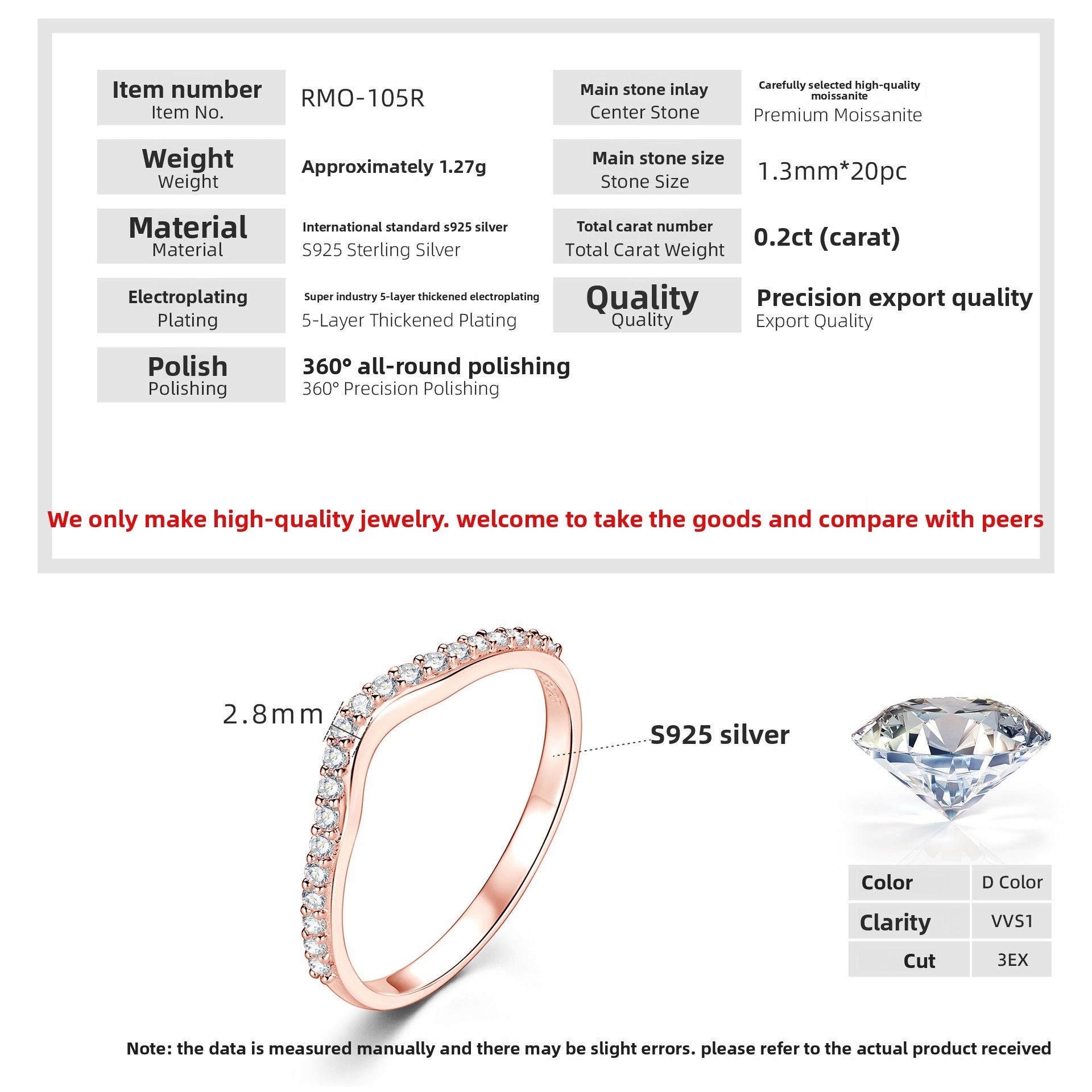 925 Sterling Silver 18K Gold Plated D-Color Moissanite Stackable Ring for Women, Fashion Light Luxury Daily Versatile Commuter Ring