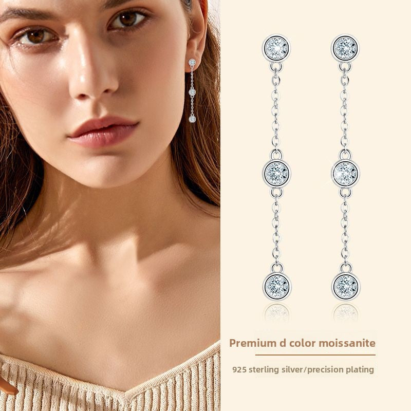 925 Sterling Silver D-Color Moissanite Fringed Stud Earrings for Women, Feminine Personality High-End Versatile Fashion Fine Jewelry