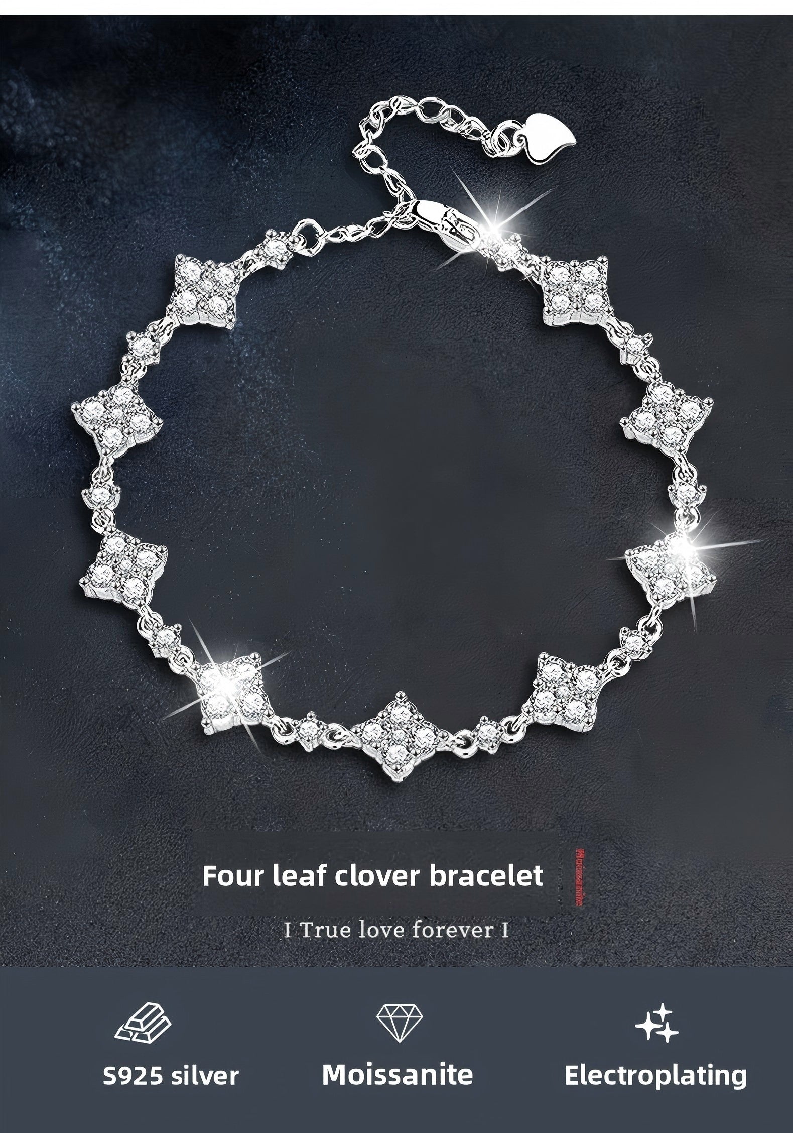 Sparkling S925 Sterling Silver Moissanite Four-Leaf Clover Bracelet for Women, Lucky Charm Dainty Adjustable Luxury Jewelry for Daily Wear & Gift Giving