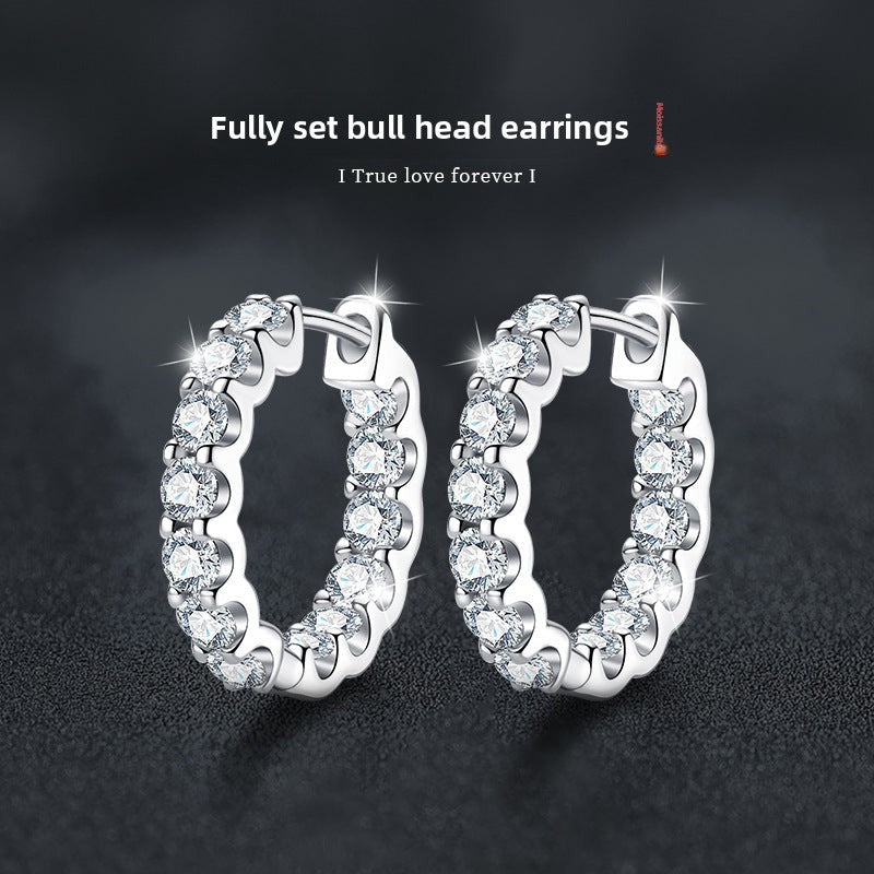 S925 Sterling Silver Moissanite Stud Earrings for Women, Niche High-End Light Luxury Design, Unique Bull Head Pavé Setting, Sparkling Elegant Jewelry for Daily & Party Wear