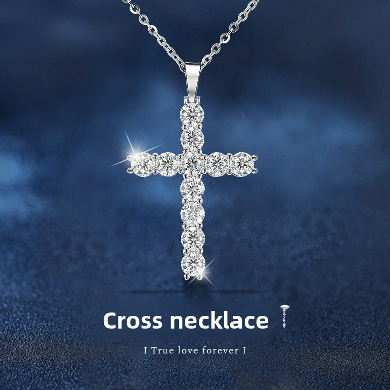 925 Sterling Silver Moissanite Cross Necklace for Women, Simple Versatile Clavicle Chain, Elegant Minimalist Fine Jewelry for Daily Wear
