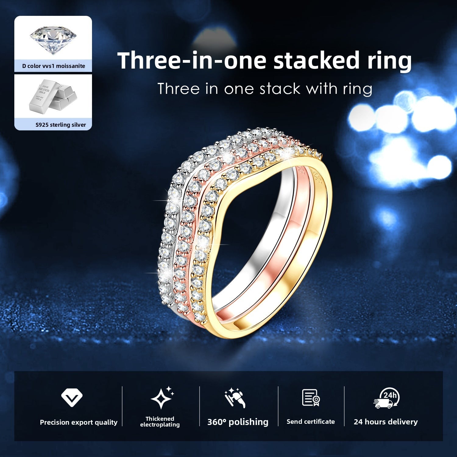 925 Sterling Silver 18K Gold Plated D-Color Moissanite Stackable Ring for Women, Fashion Light Luxury Daily Versatile Commuter Ring