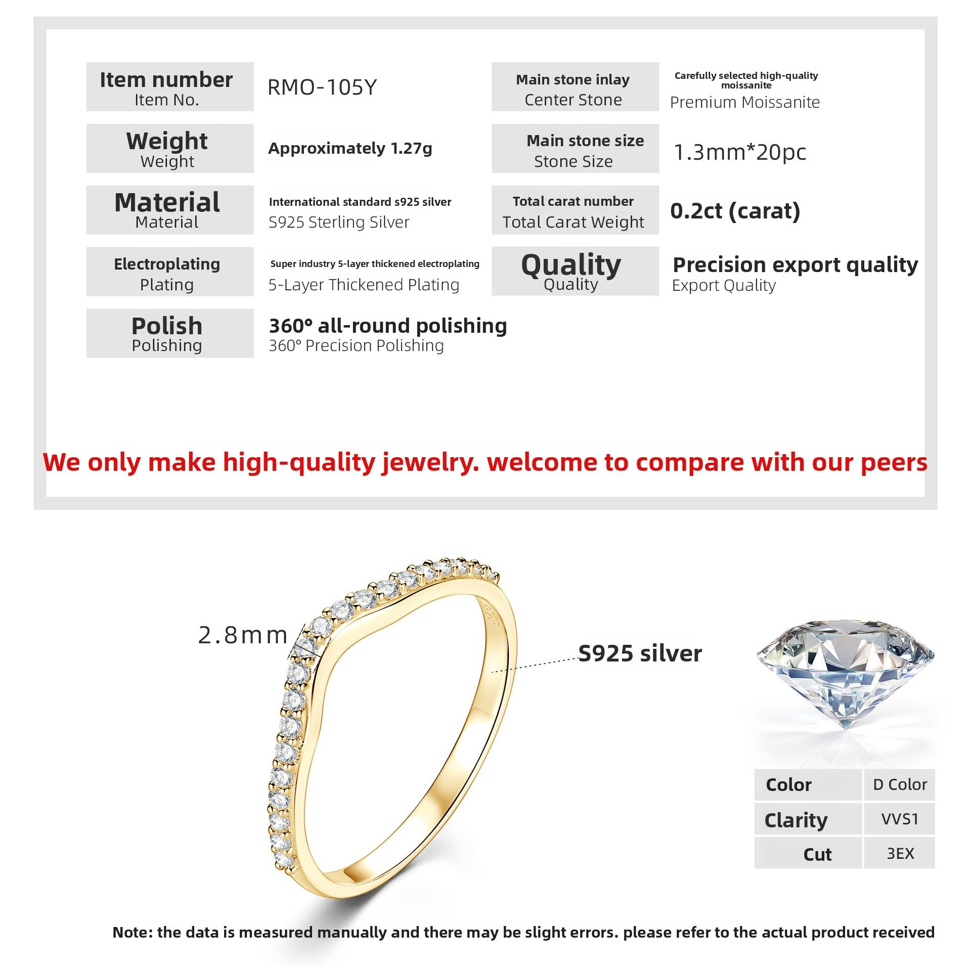 925 Sterling Silver 18K Gold Plated D-Color Moissanite Stackable Ring for Women, Fashion Light Luxury Daily Versatile Commuter Ring